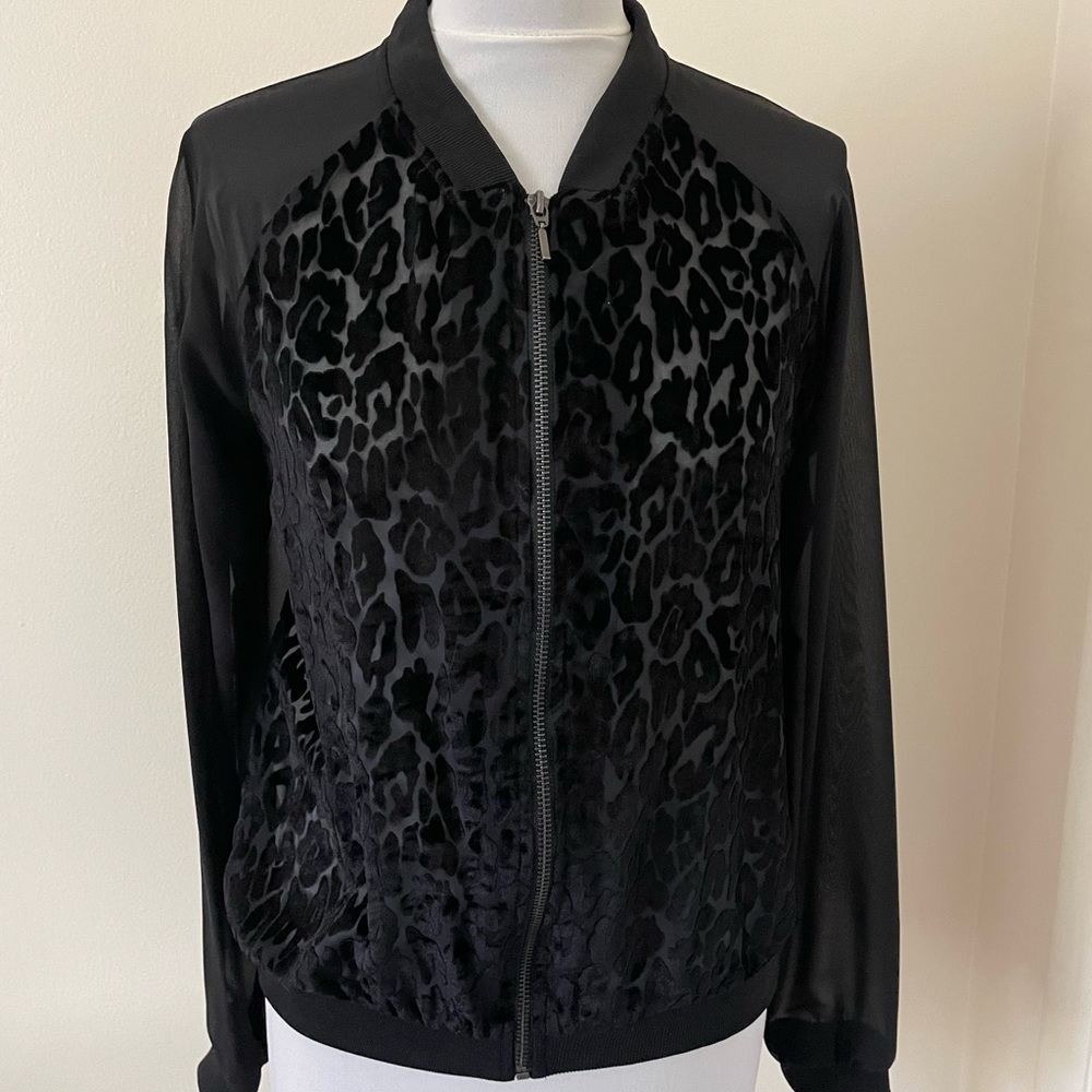 ONLY Women Cardigan EUR 38 US M Black Leopard Print Sheer Zip Up Sophisticated